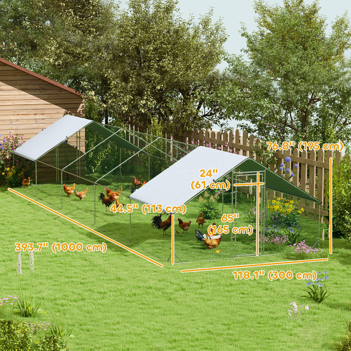 Metal Chicken Coop - 9.8' x 32.8' x 6.4' Silver Galvanized Steel-Small Animals-DECOROLALA