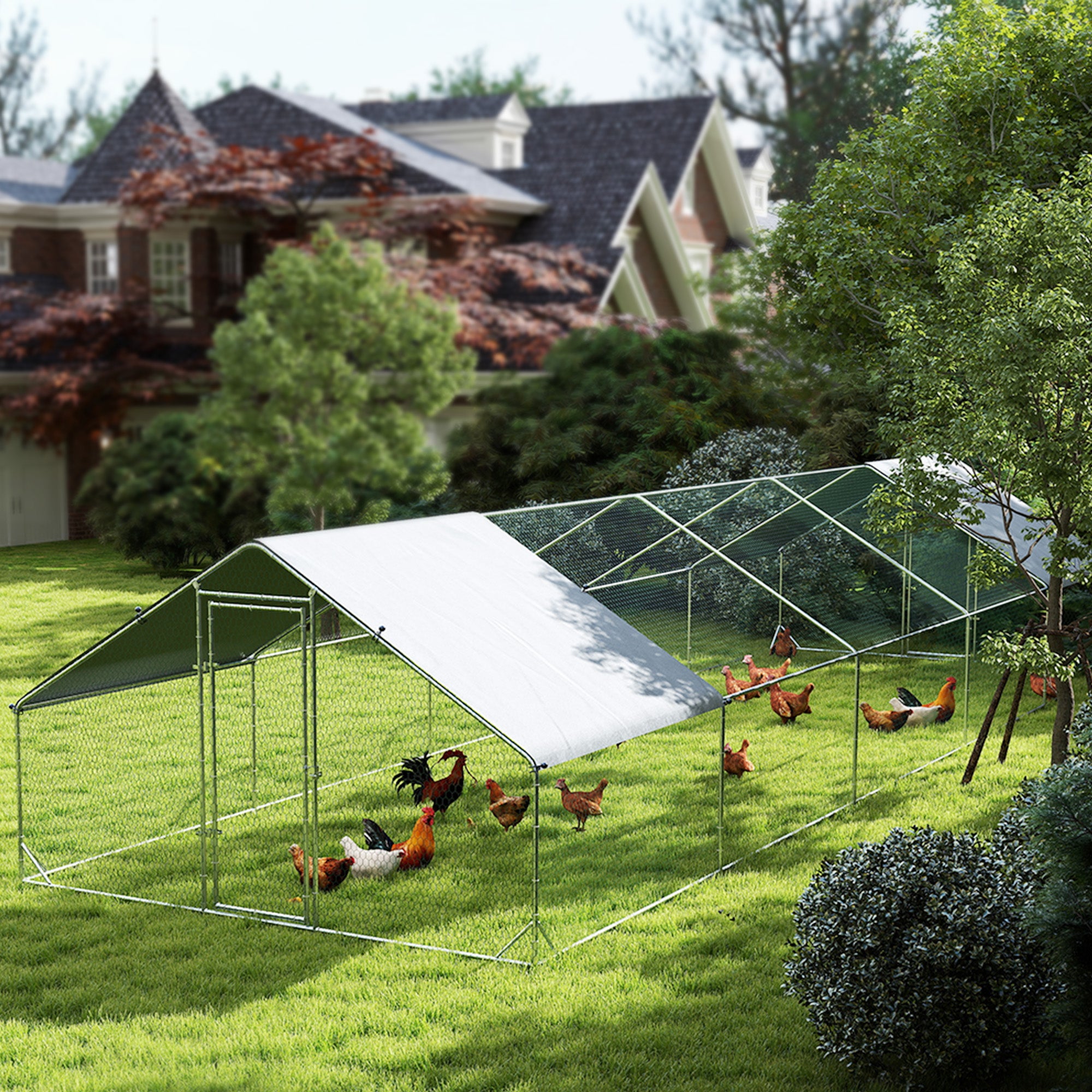 Metal Chicken Coop - 9.8' x 32.8' x 6.4' Silver Galvanized Steel-Small Animals-DECOROLALA