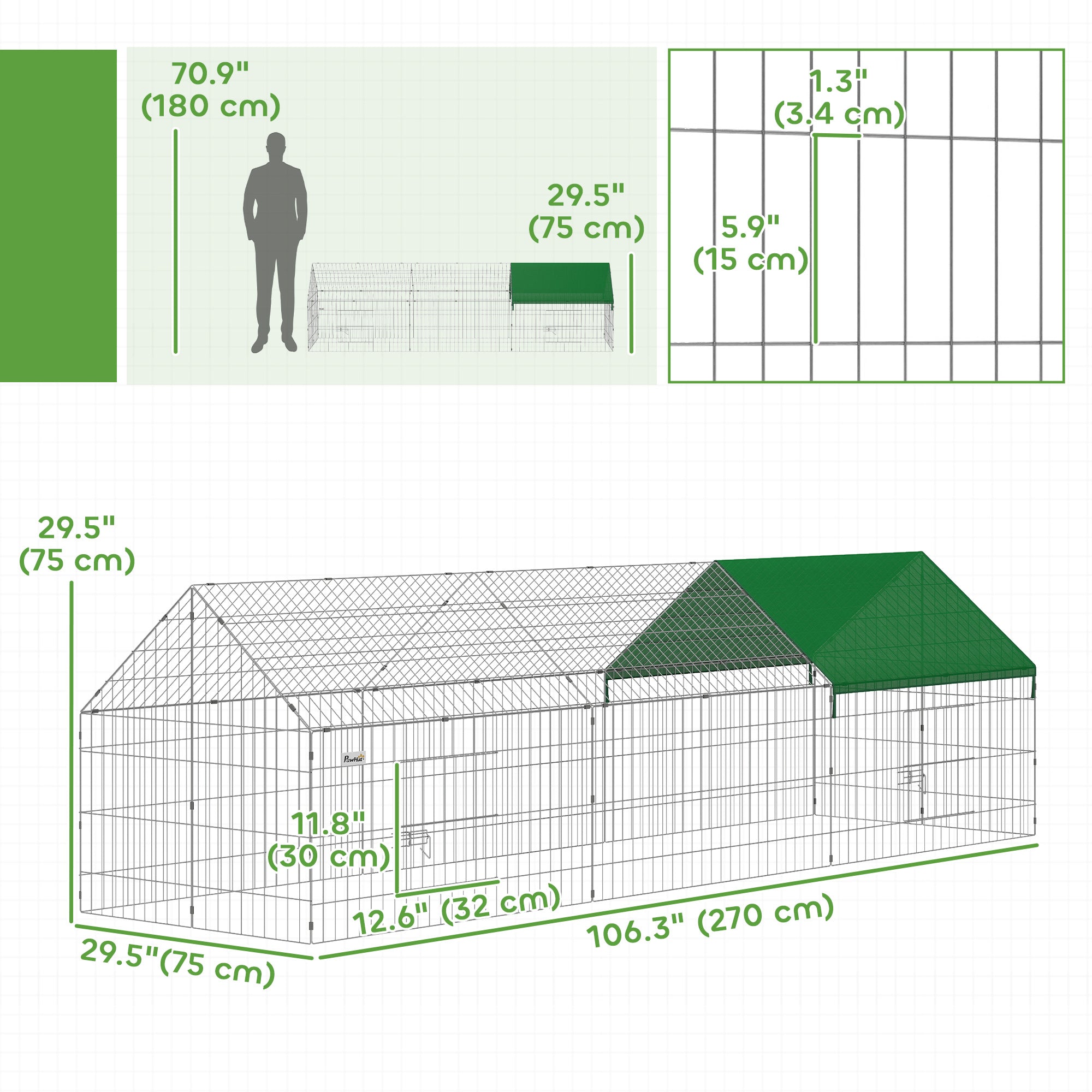 Metal Chicken Coop with UV-Resistant Cover for Rabbits, Ducks, Turtles, Guinea Pigs, 106" x 29.5" x 29.5", Green-Small Animals-DECOROLALA