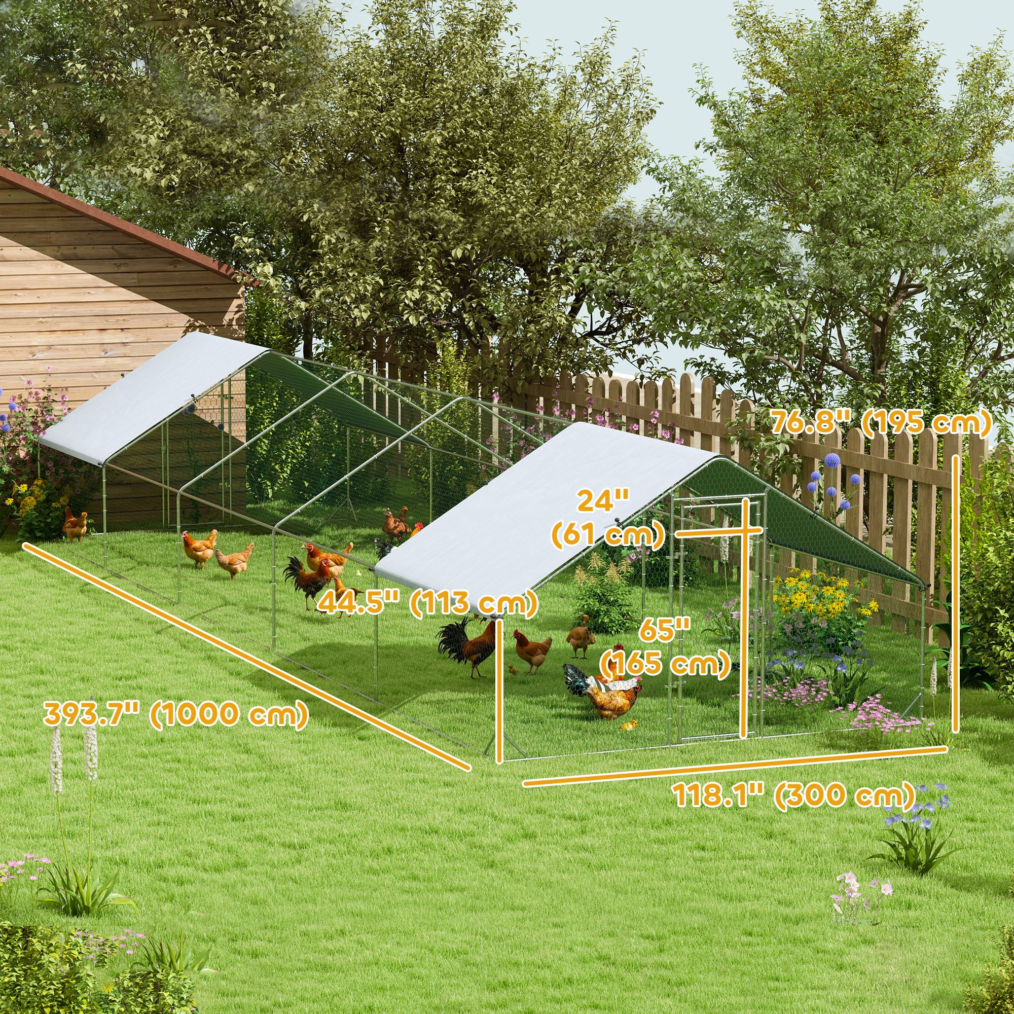 Metal Chicken Coop with Water & UV Protection Cover for Backyard Hen, Duck, Rabbit, 9.8' x 32.8' x 6.4'-Small Animals-DECOROLALA
