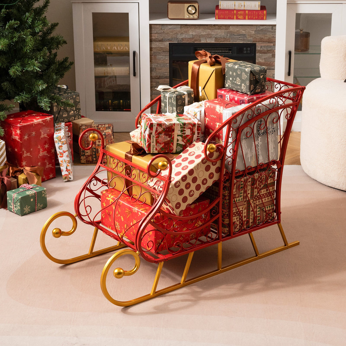 Metal Christmas Santa Sleigh Basket 2-Tier Xmas Santa's Gift Storage Sleigh-Christmas Decorations & Accessories-DECOROLALA