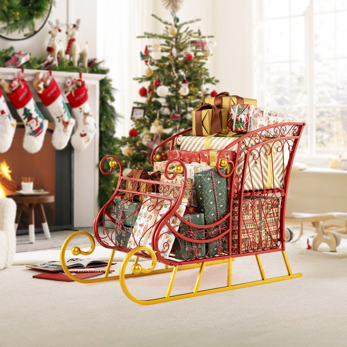 Metal Christmas Santa Sleigh Basket 2-Tier Xmas Santa's Gift Storage Sleigh-Christmas Decorations & Accessories-DECOROLALA