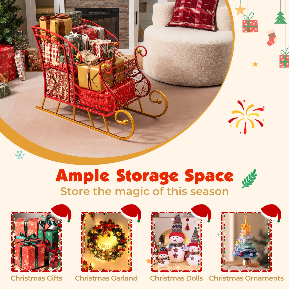Metal Christmas Santa Sleigh Basket 2-Tier Xmas Santa's Gift Storage Sleigh-Christmas Decorations & Accessories-DECOROLALA