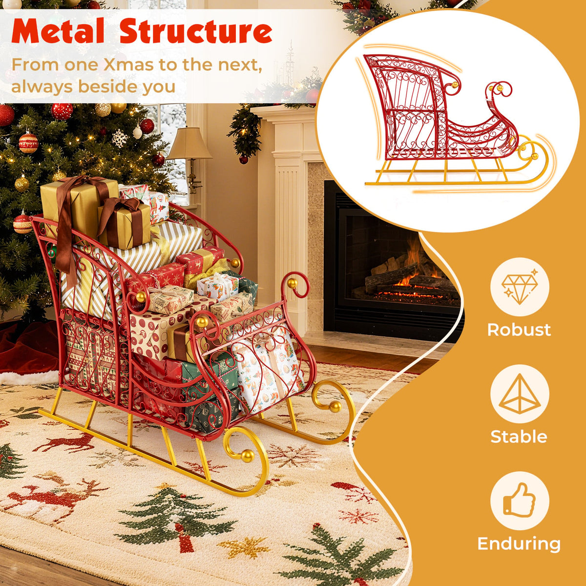 Metal Christmas Santa Sleigh Basket 2-Tier Xmas Santa's Gift Storage Sleigh-Christmas Decorations & Accessories-DECOROLALA