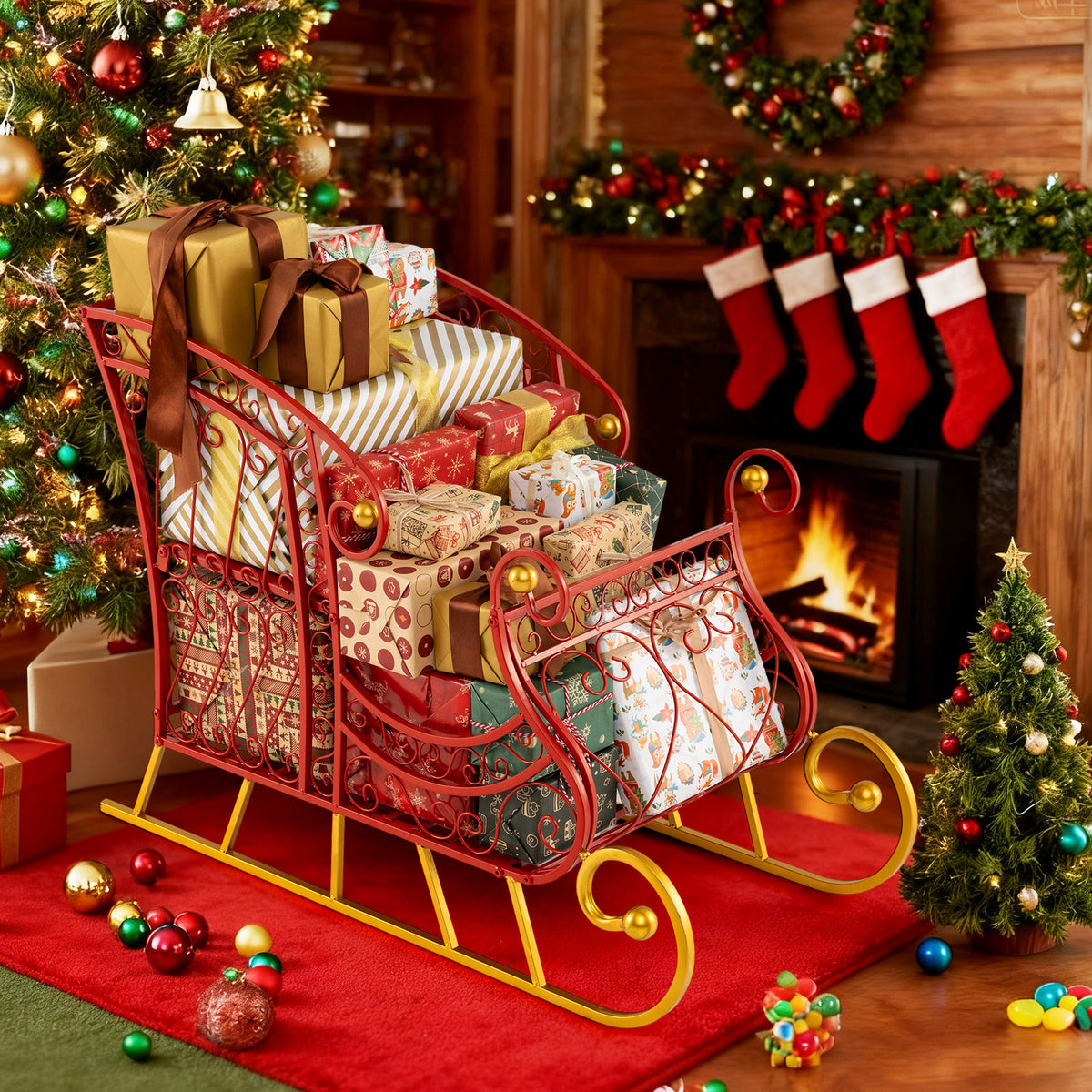 Metal Christmas Santa Sleigh Basket 2-Tier Xmas Santa's Gift Storage Sleigh-Christmas Decorations & Accessories-DECOROLALA