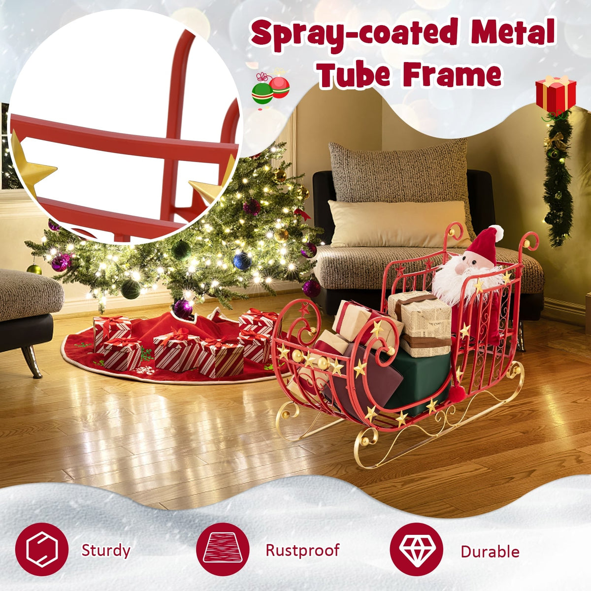 Metal Christmas Santa Sleigh with Large Cargo Area for Gifts-Christmas Decorations & Accessories-DECOROLALA