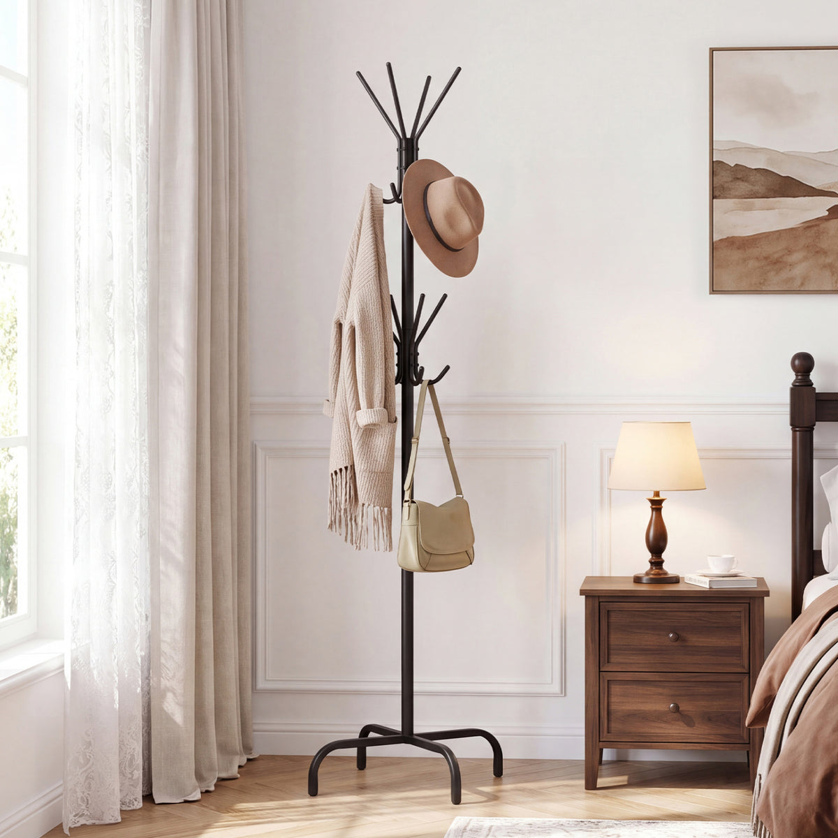Metal Coat Rack Freestanding with 16 Hooks and 4 Legs for Entryway Office Bedroom-Black-Coat Racks & Hall Trees-DECOROLALA
