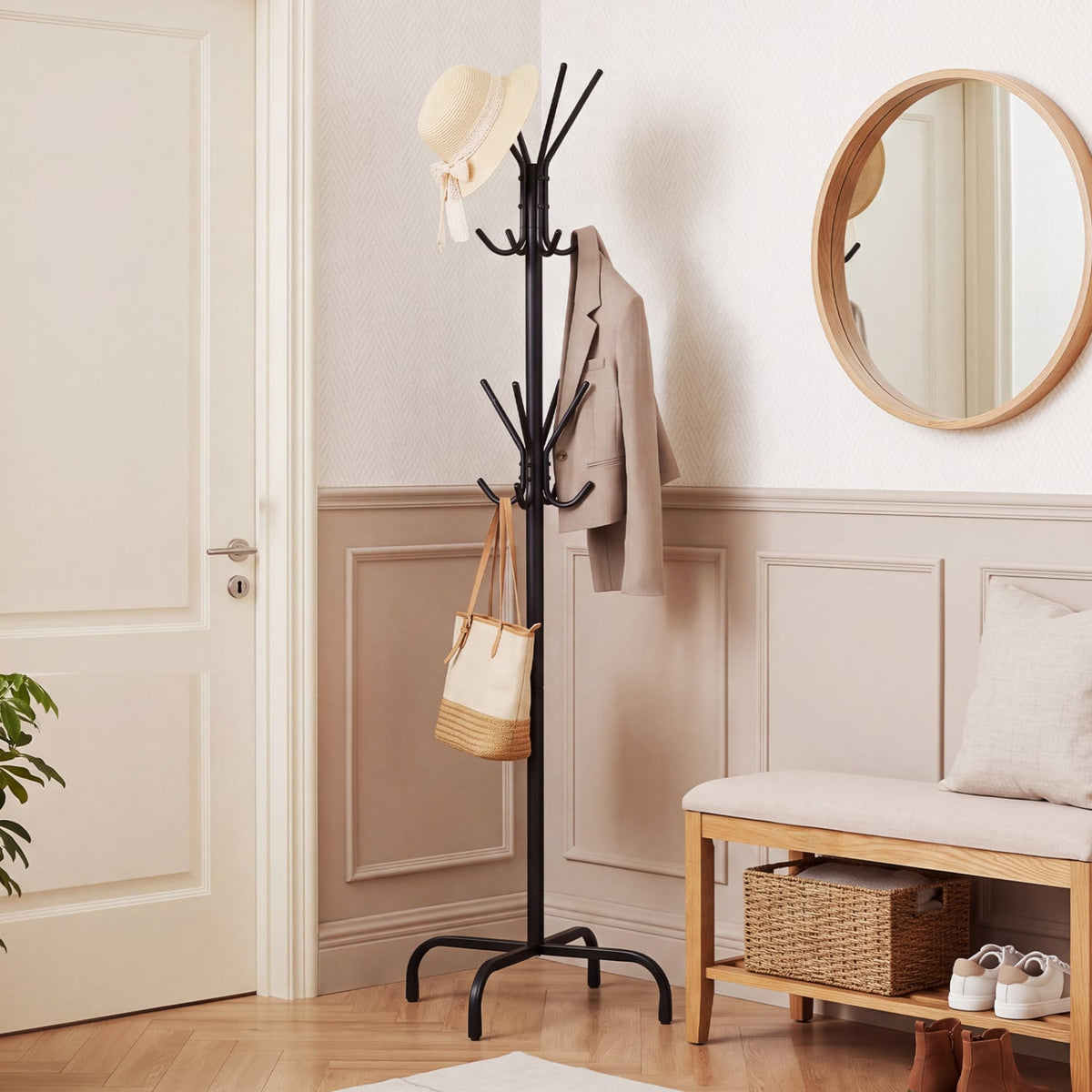 Metal Coat Rack Freestanding with 16 Hooks and 4 Legs for Entryway Office Bedroom-Black-Coat Racks & Hall Trees-DECOROLALA