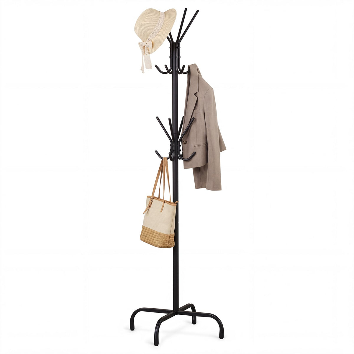 Metal Coat Rack Freestanding with 16 Hooks and 4 Legs for Entryway Office Bedroom-Black-Coat Racks & Hall Trees-DECOROLALA