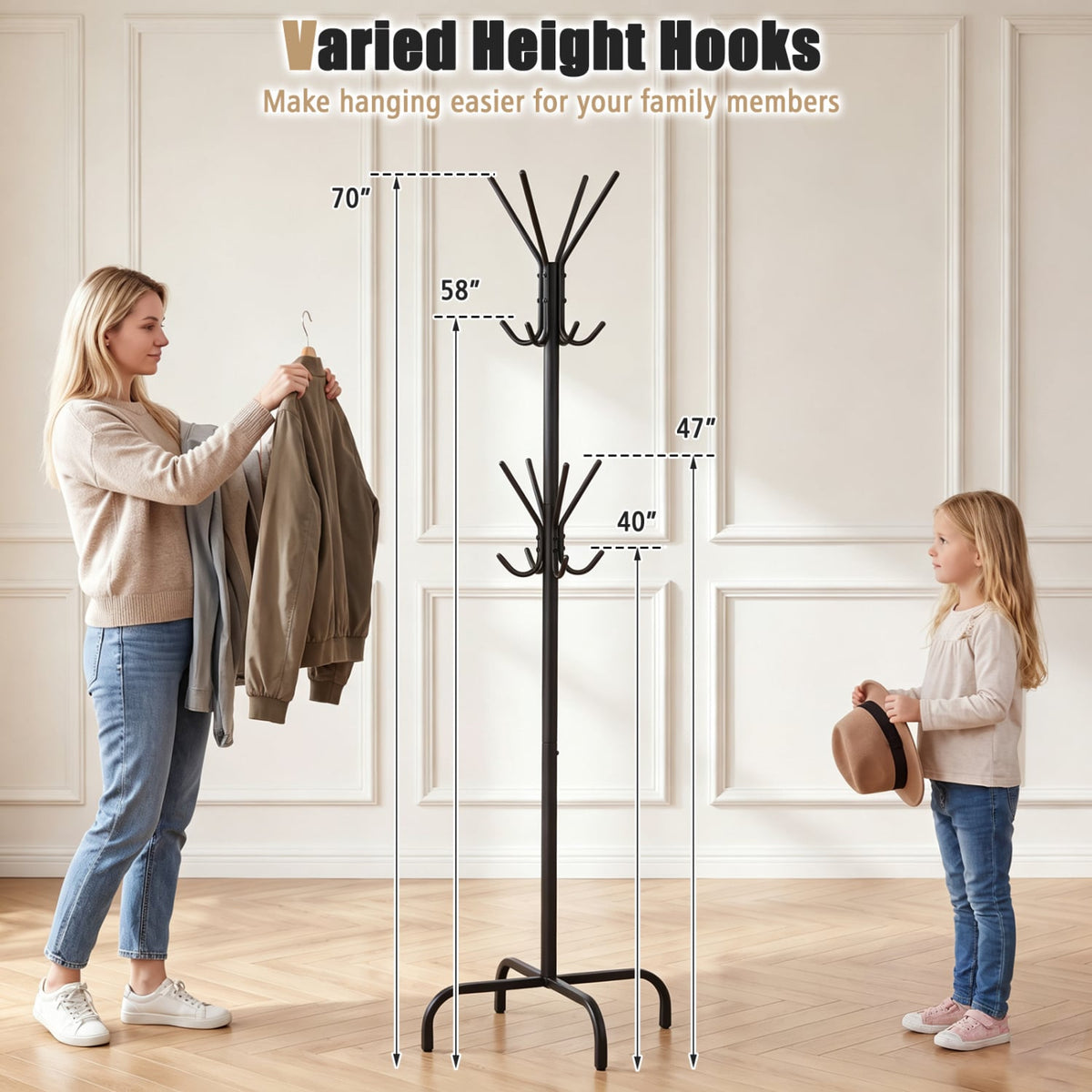 Metal Coat Rack Freestanding with 16 Hooks and 4 Legs for Entryway Office Bedroom-Black-Coat Racks & Hall Trees-DECOROLALA
