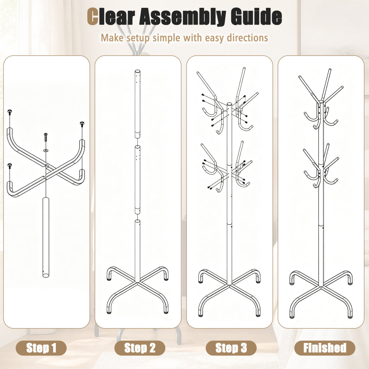 Metal Coat Rack Freestanding with 16 Hooks and 4 Legs for Entryway Office Bedroom-Black-Coat Racks & Hall Trees-DECOROLALA