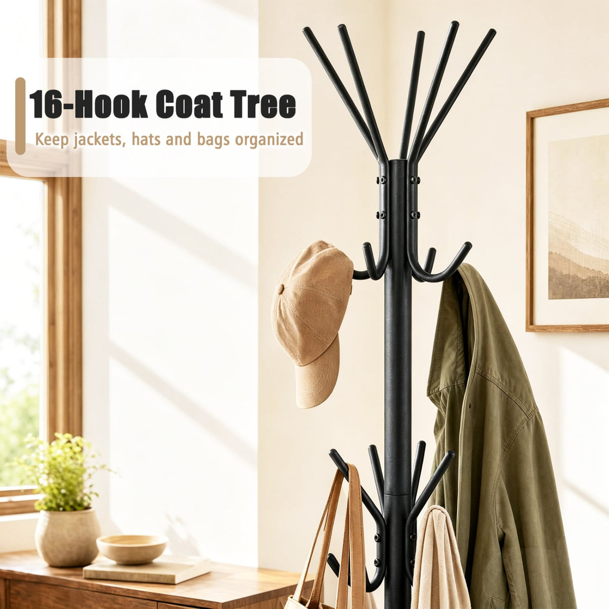 Metal Coat Rack Freestanding with 16 Hooks and 4 Legs for Entryway Office Bedroom-Black-Coat Racks & Hall Trees-DECOROLALA