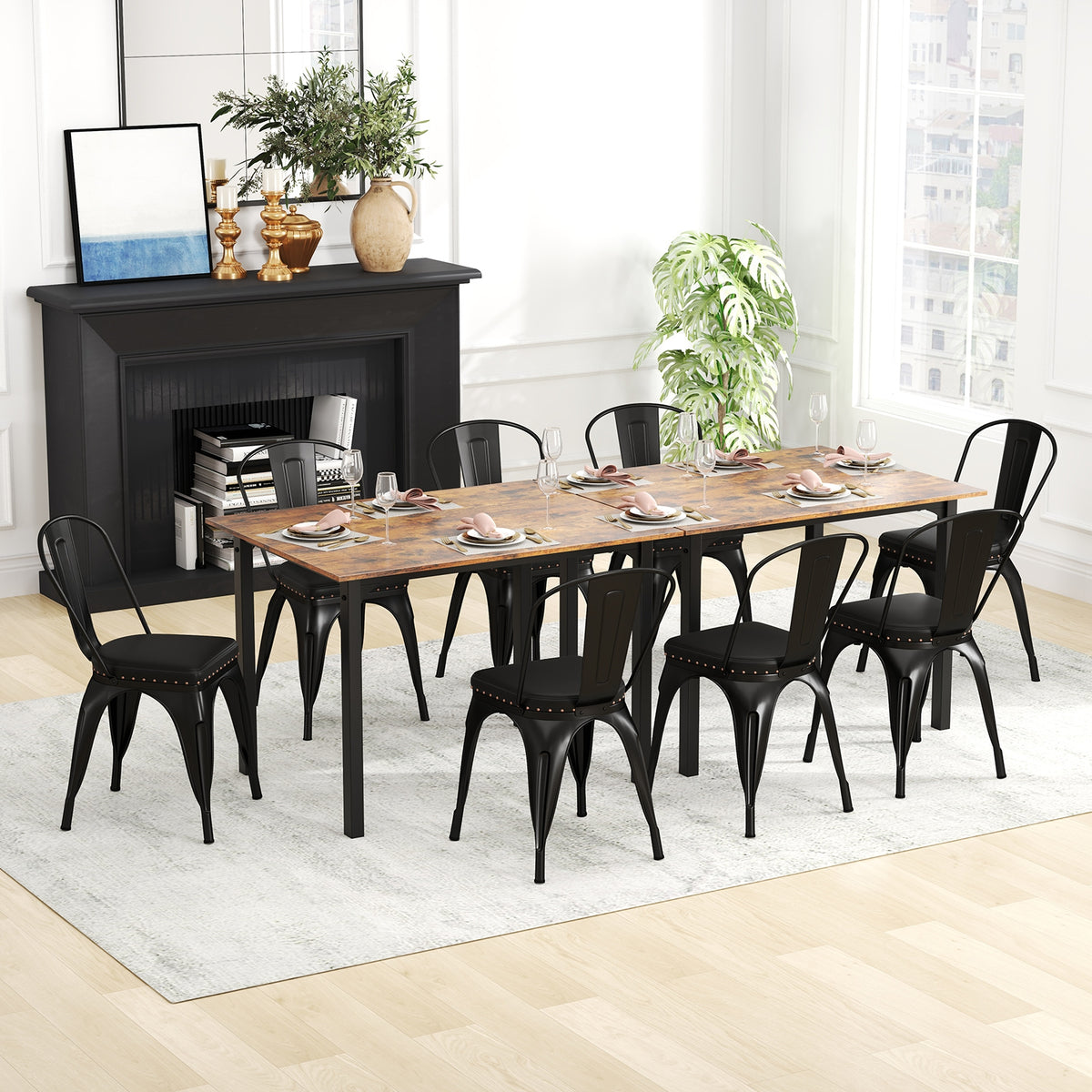Metal Dining Chair Set of 4 Stackable Kitchen Chairs with Removable Backs and PU Leather Cushioned Seat-Black-Dining Chairs-DECOROLALA