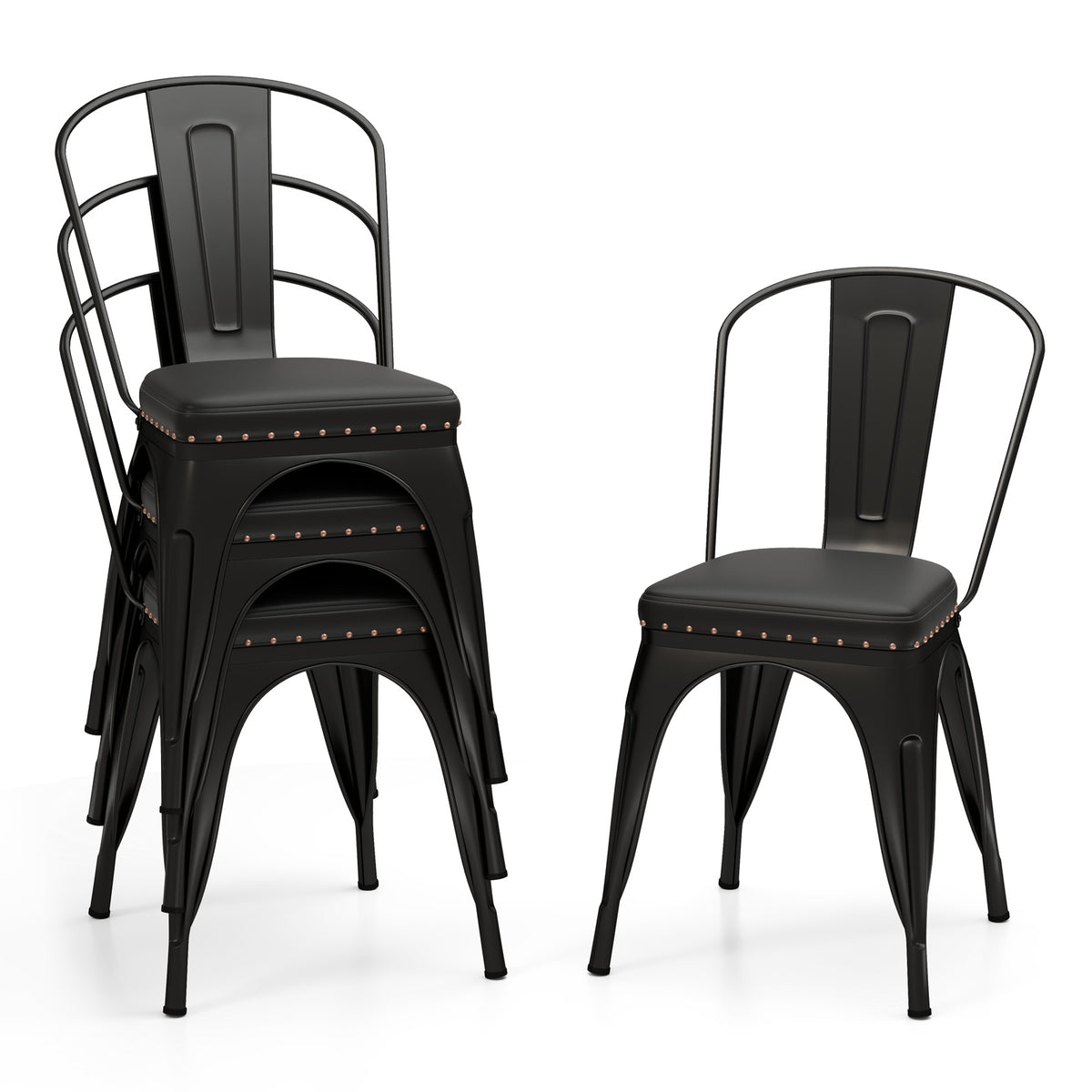 Metal Dining Chair Set of 4 Stackable Kitchen Chairs with Removable Backs and PU Leather Cushioned Seat-Black-Dining Chairs-DECOROLALA