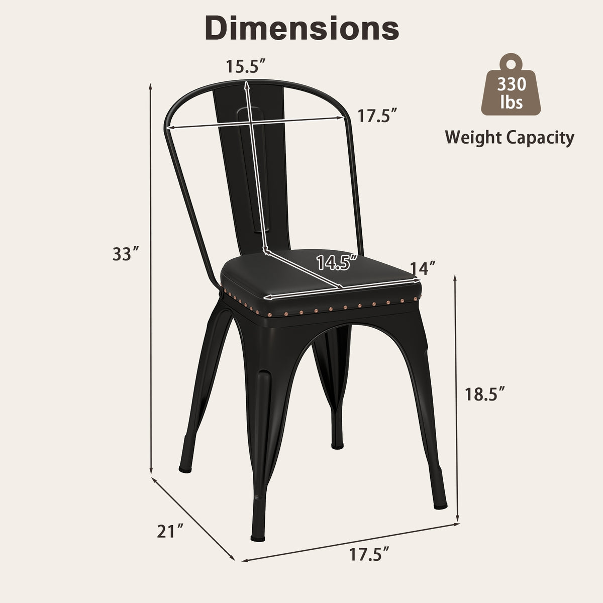 Metal Dining Chair Set of 4 Stackable Kitchen Chairs with Removable Backs and PU Leather Cushioned Seat-Black-Dining Chairs-DECOROLALA
