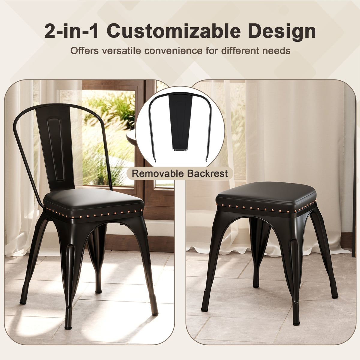 Metal Dining Chair Set of 4 Stackable Kitchen Chairs with Removable Backs and PU Leather Cushioned Seat-Black-Dining Chairs-DECOROLALA