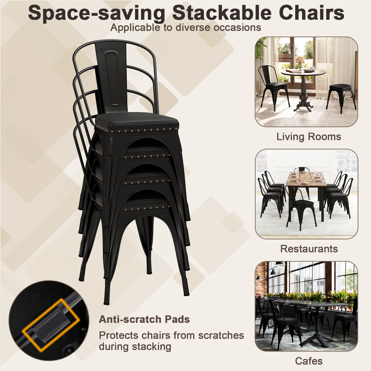 Metal Dining Chair Set of 4 Stackable Kitchen Chairs with Removable Backs and PU Leather Cushioned Seat-Black-Dining Chairs-DECOROLALA