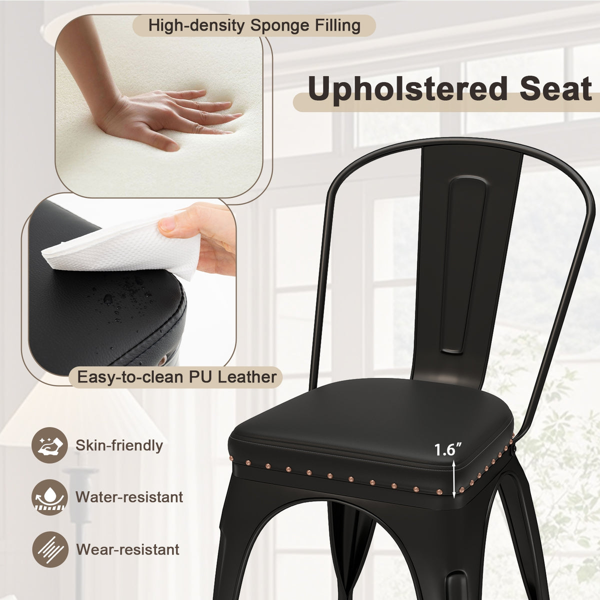 Metal Dining Chair Set of 4 Stackable Kitchen Chairs with Removable Backs and PU Leather Cushioned Seat-Black-Dining Chairs-DECOROLALA