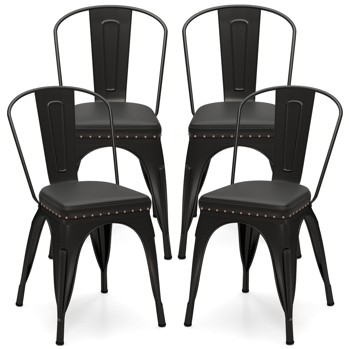 Metal Dining Chair Set of 4 Stackable Kitchen Chairs with Removable Backs and PU Leather Cushioned Seat-Black-Dining Chairs-DECOROLALA