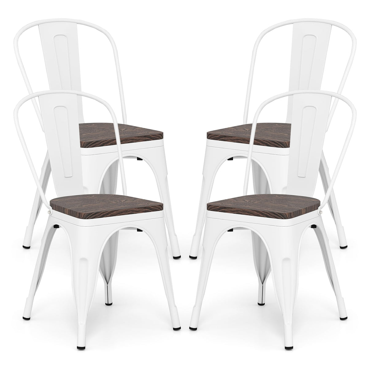 Metal Dining Chairs Set of 4 Stackable Kitchen Side Chairs with Wood Seat and Detachable High Backrest-White-Dining Chairs-DECOROLALA