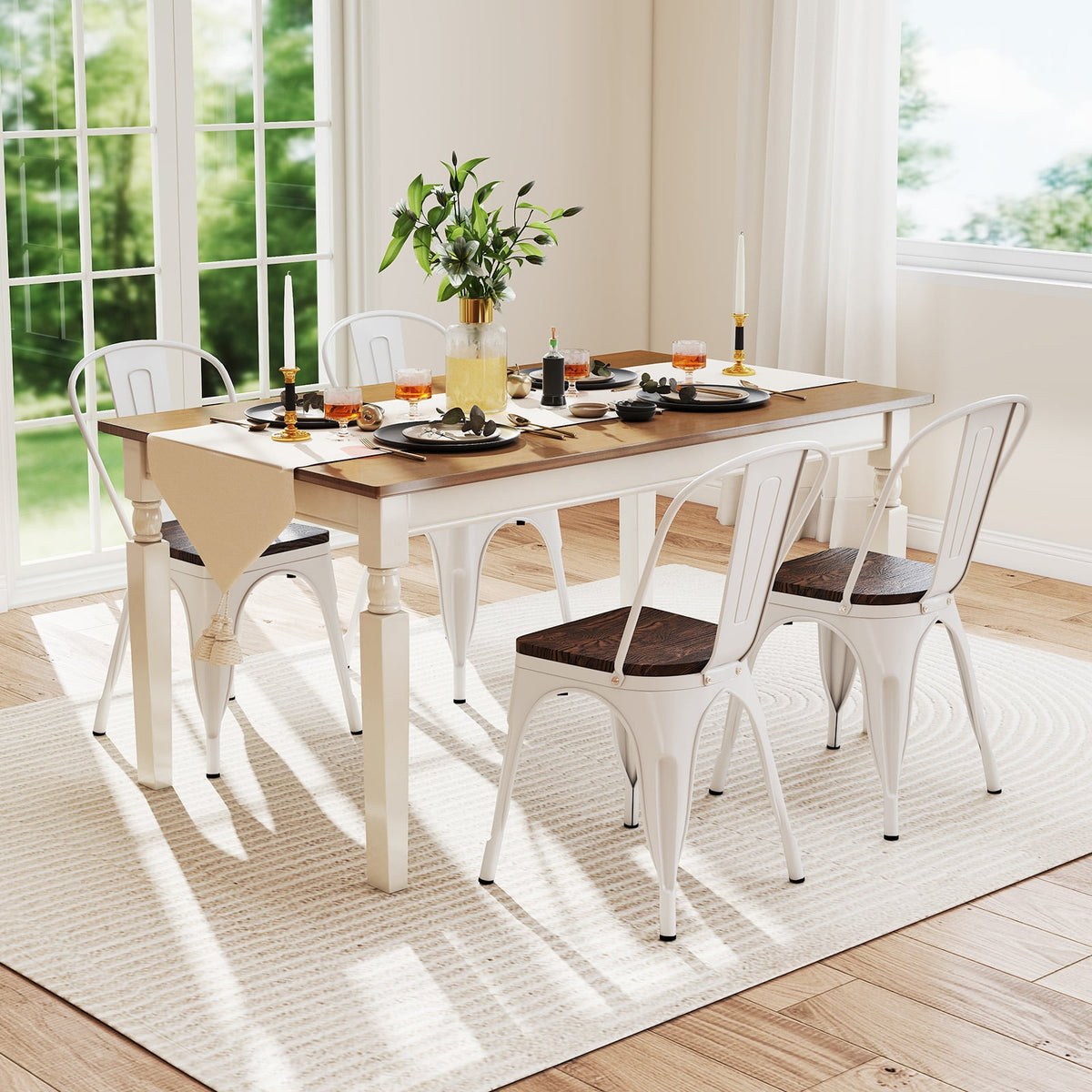 Metal Dining Chairs Set of 4 Stackable Kitchen Side Chairs with Wood Seat and Detachable High Backrest-White-Dining Chairs-DECOROLALA