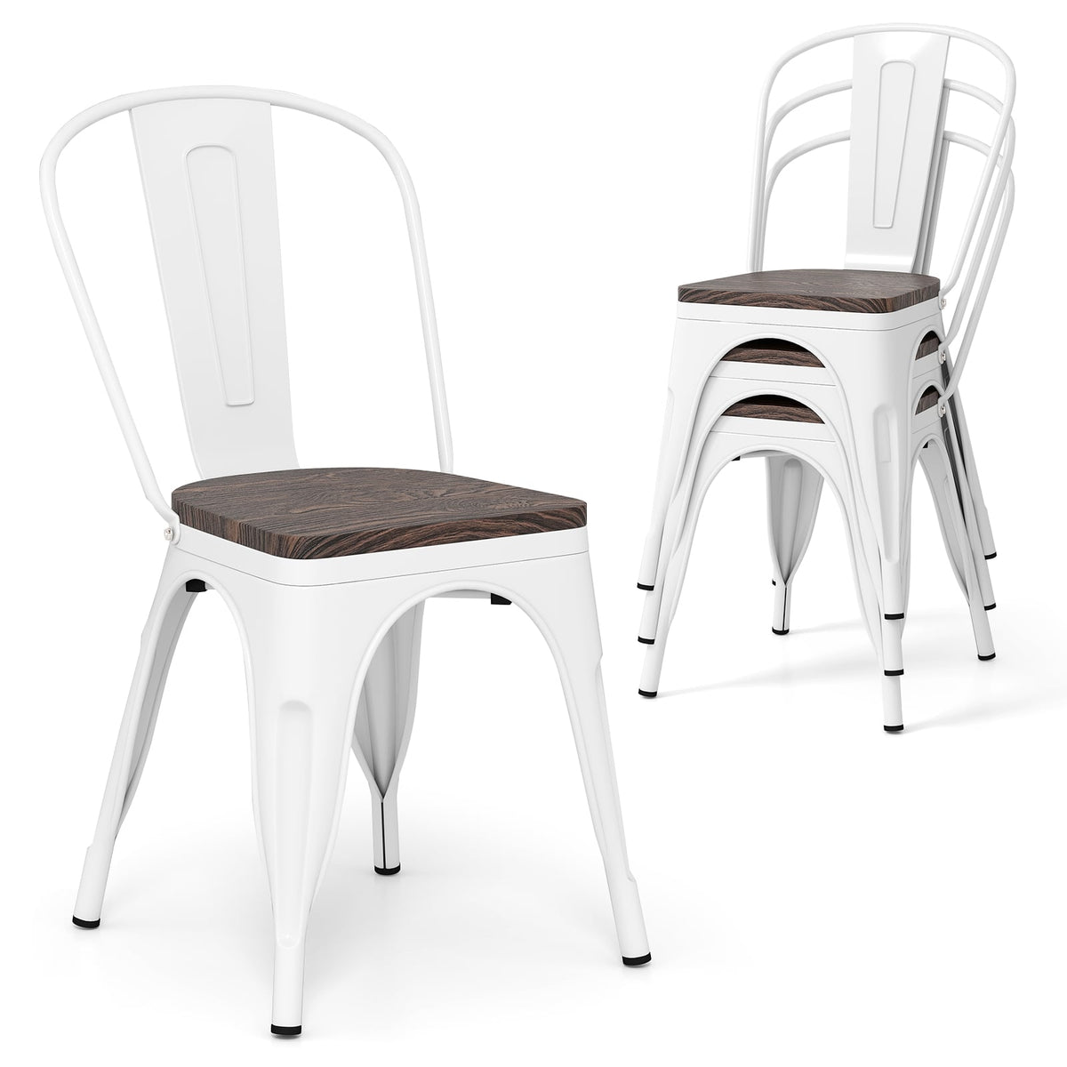 Metal Dining Chairs Set of 4 Stackable Kitchen Side Chairs with Wood Seat and Detachable High Backrest-White-Dining Chairs-DECOROLALA