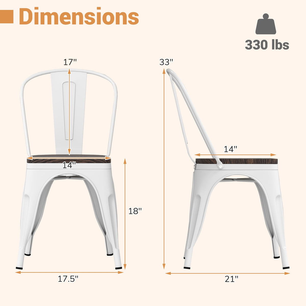 Metal Dining Chairs Set of 4 Stackable Kitchen Side Chairs with Wood Seat and Detachable High Backrest-White-Dining Chairs-DECOROLALA