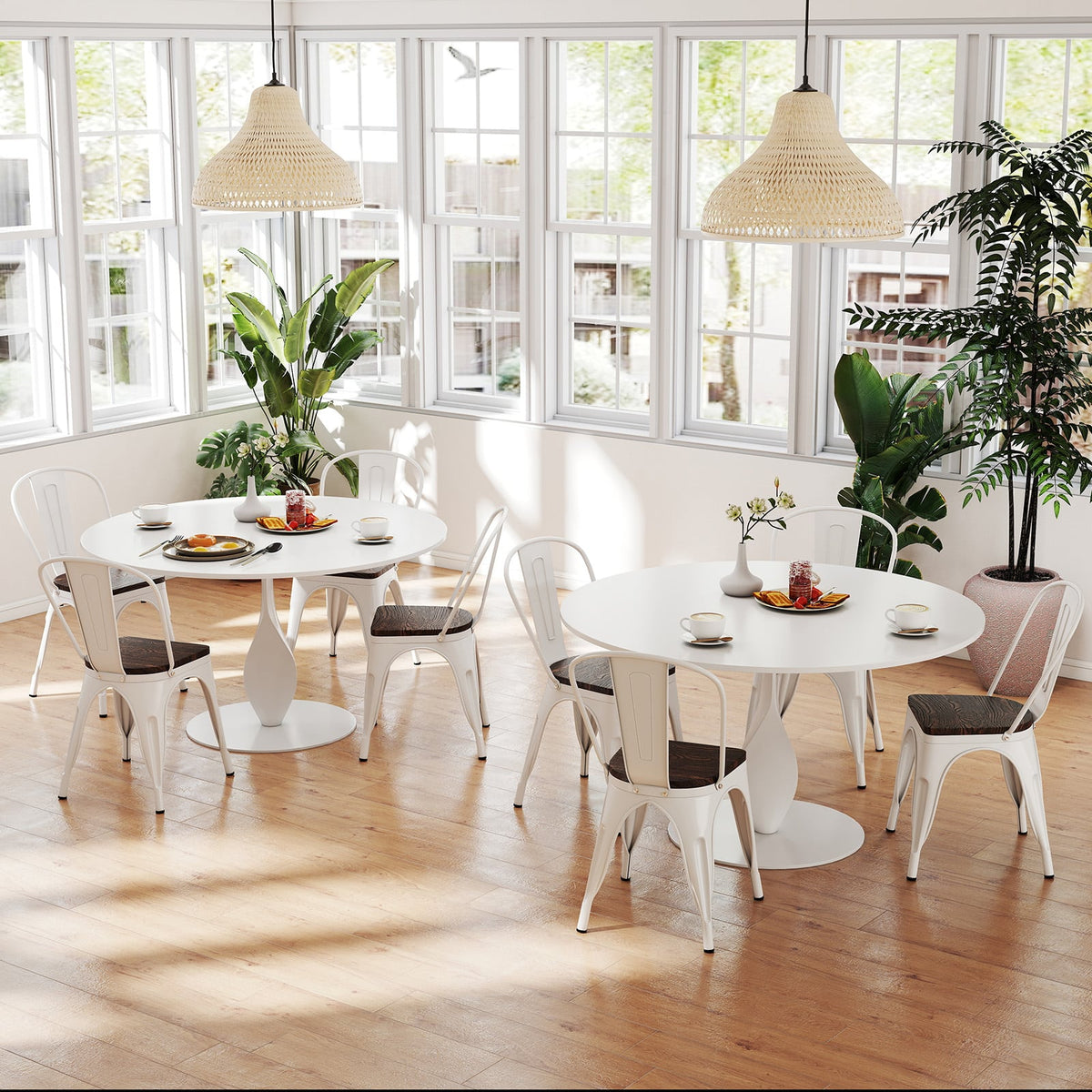 Metal Dining Chairs Set of 4 Stackable Kitchen Side Chairs with Wood Seat and Detachable High Backrest-White-Dining Chairs-DECOROLALA