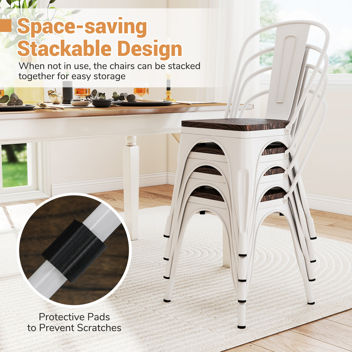 Metal Dining Chairs Set of 4 Stackable Kitchen Side Chairs with Wood Seat and Detachable High Backrest-White-Dining Chairs-DECOROLALA