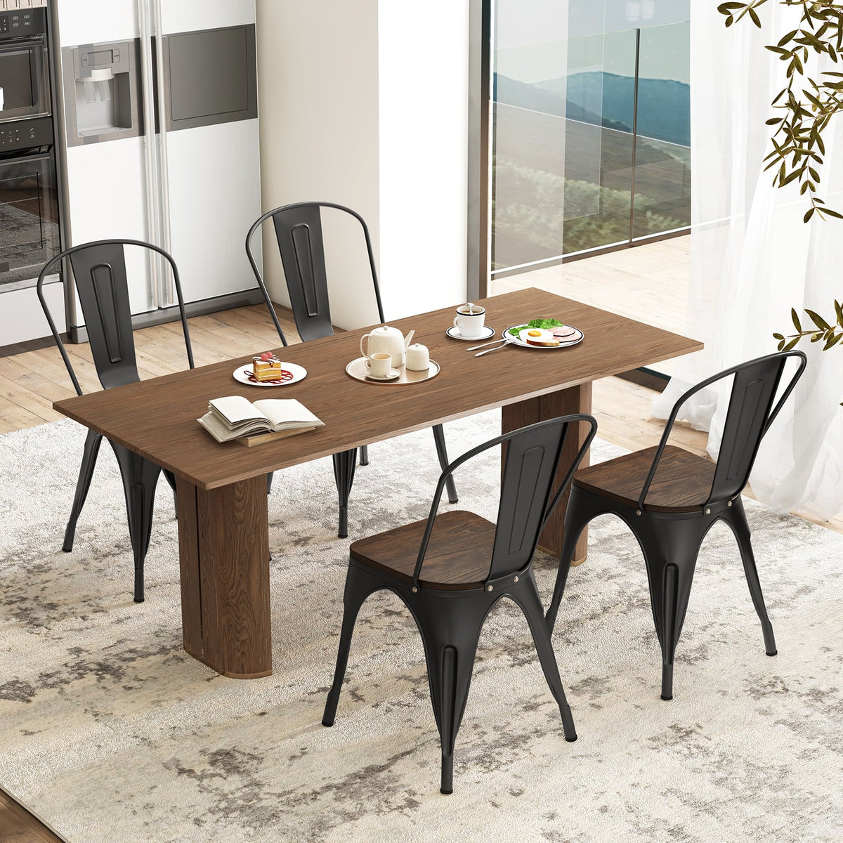 Metal Dining Chairs Set of 4 Tolix Style Stackable Kitchen Chairs with Wood Seat-Black-Dining Chairs-DECOROLALA
