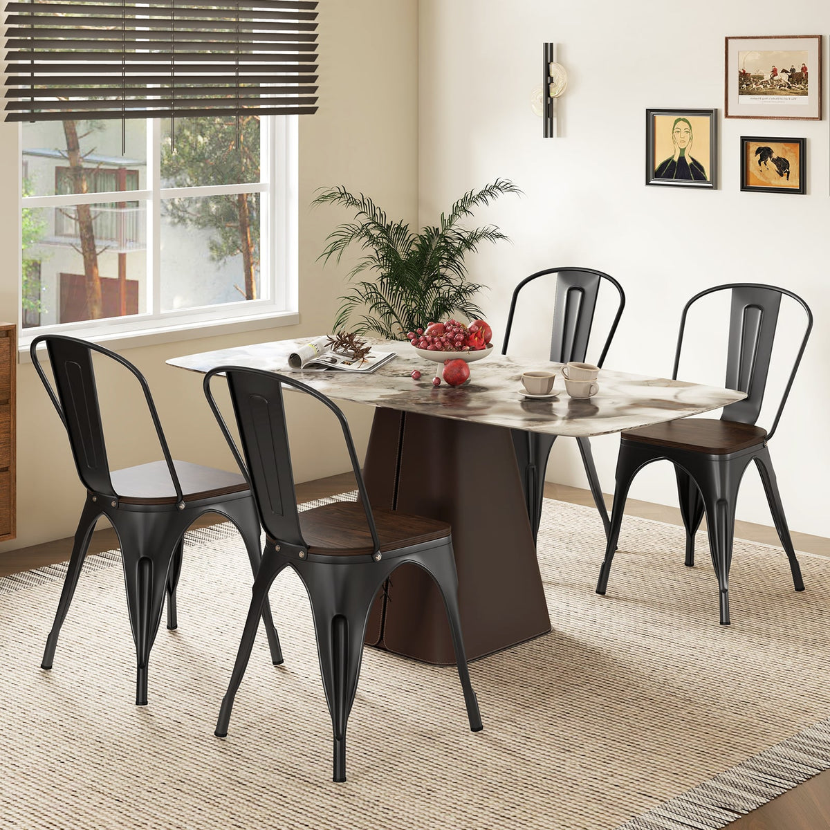 Metal Dining Chairs Set of 4 Tolix Style Stackable Kitchen Chairs with Wood Seat-Black-Dining Chairs-DECOROLALA