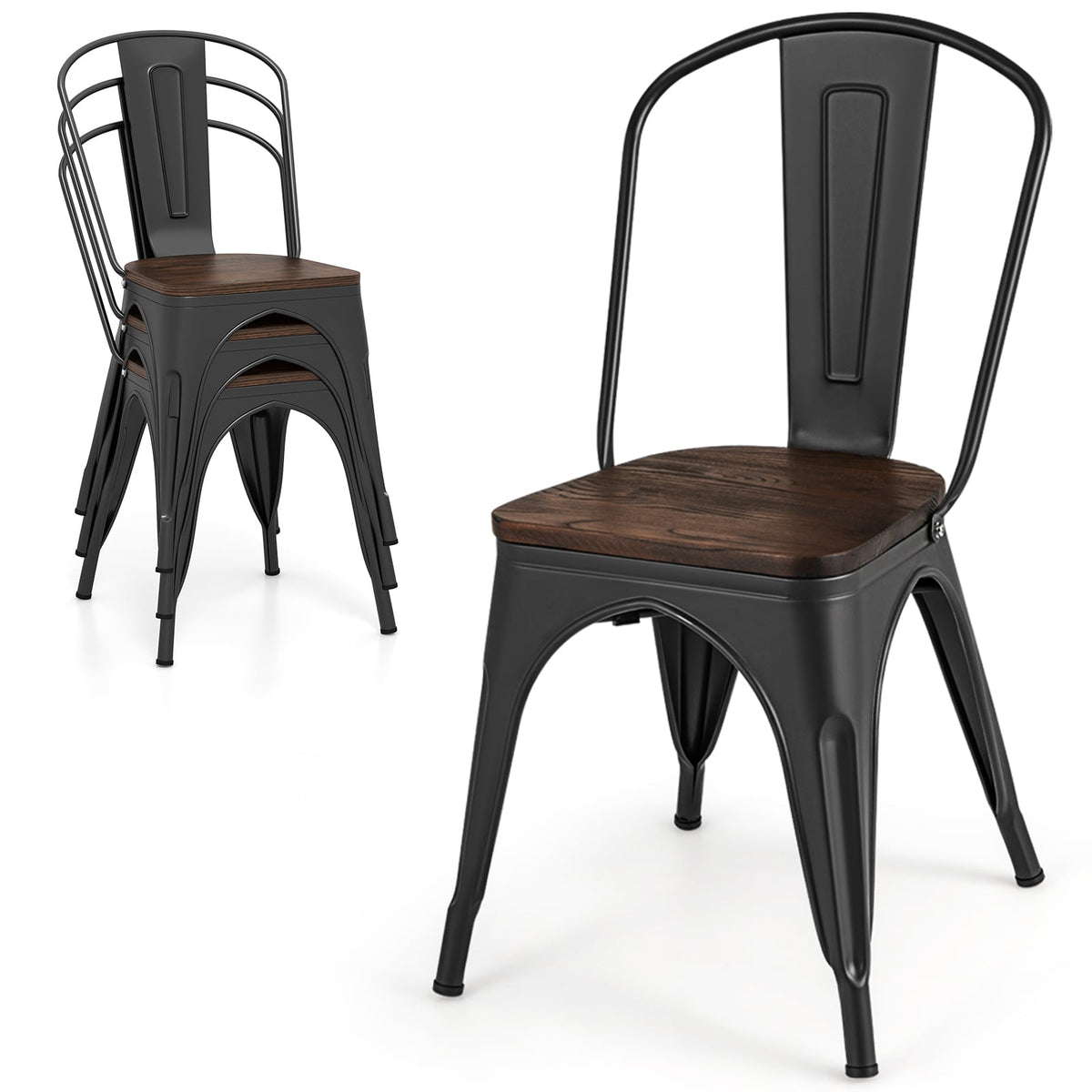 Metal Dining Chairs Set of 4 Tolix Style Stackable Kitchen Chairs with Wood Seat-Black-Dining Chairs-DECOROLALA