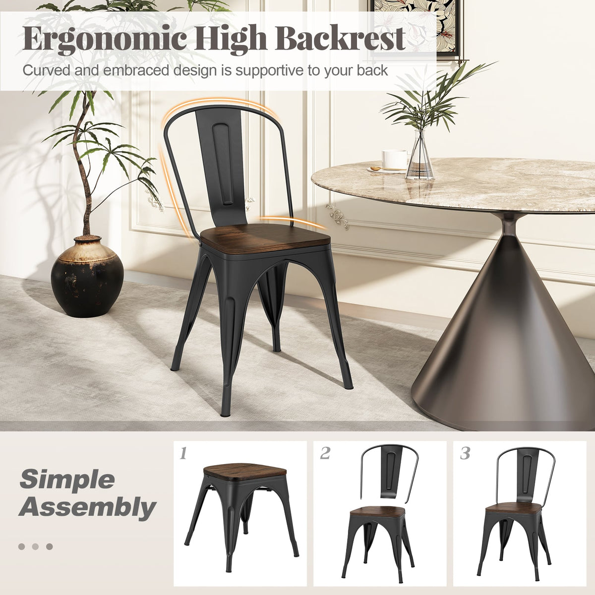 Metal Dining Chairs Set of 4 Tolix Style Stackable Kitchen Chairs with Wood Seat-Black-Dining Chairs-DECOROLALA