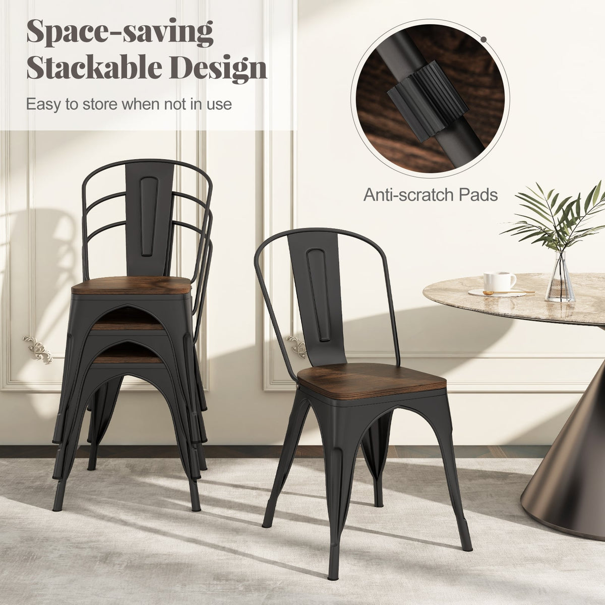Metal Dining Chairs Set of 4 Tolix Style Stackable Kitchen Chairs with Wood Seat-Black-Dining Chairs-DECOROLALA