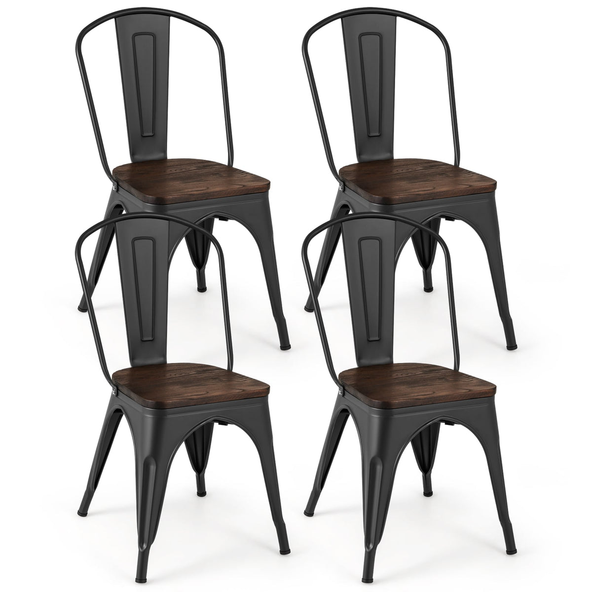 Metal Dining Chairs Set of 4 Tolix Style Stackable Kitchen Chairs with Wood Seat-Black-Dining Chairs-DECOROLALA