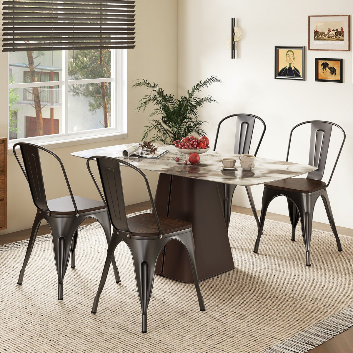 Metal Dining Chairs Set of 4 Tolix Style Stackable Kitchen Chairs with Wood Seat-Gun-Dining Chairs-DECOROLALA