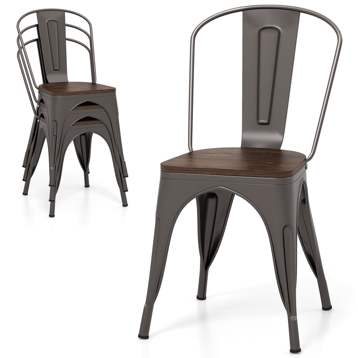 Metal Dining Chairs Set of 4 Tolix Style Stackable Kitchen Chairs with Wood Seat-Gun-Dining Chairs-DECOROLALA