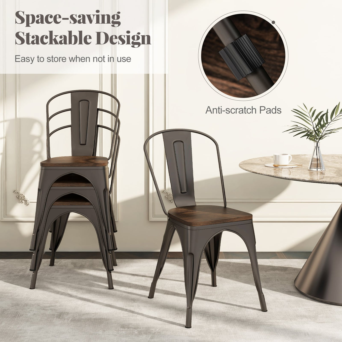 Metal Dining Chairs Set of 4 Tolix Style Stackable Kitchen Chairs with Wood Seat-Gun-Dining Chairs-DECOROLALA
