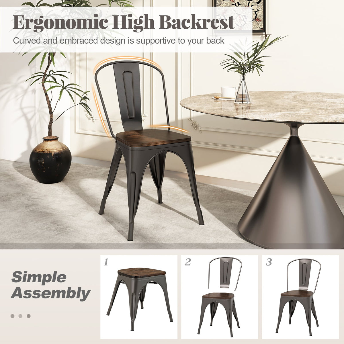 Metal Dining Chairs Set of 4 Tolix Style Stackable Kitchen Chairs with Wood Seat-Gun-Dining Chairs-DECOROLALA