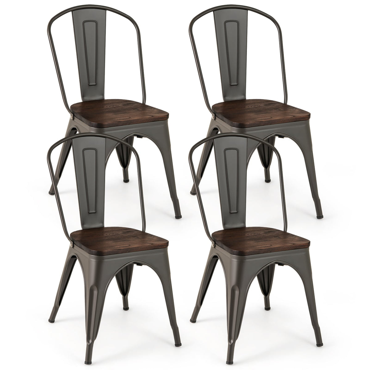 Metal Dining Chairs Set of 4 Tolix Style Stackable Kitchen Chairs with Wood Seat-Gun-Dining Chairs-DECOROLALA