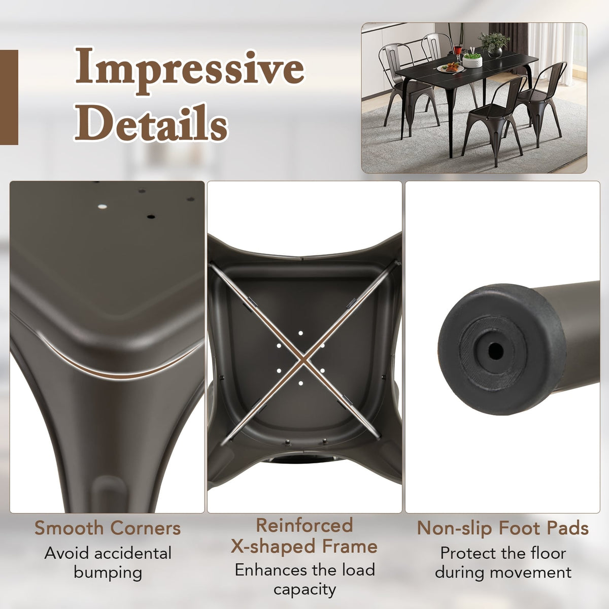 Metal Dining Chairs Set of 4 with Removable Backrest for Dining Room Restaurant Living Room-Gun-Dining Chairs-DECOROLALA