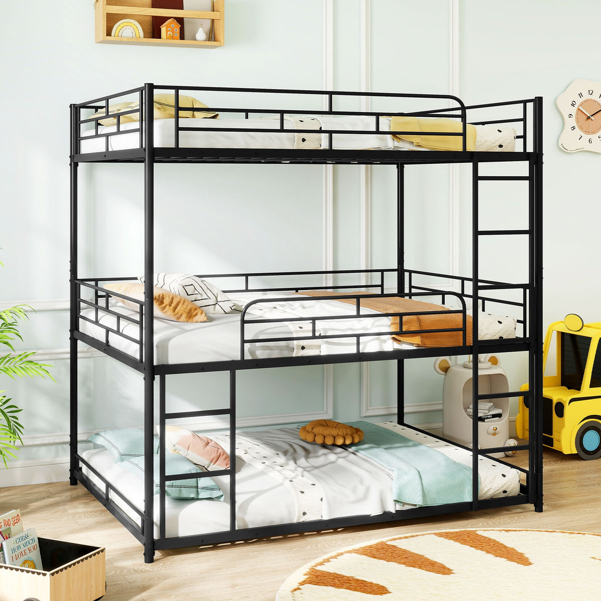 Metal Full Triple Bunk Bed with Guardrails - Black-Bunk Bed Frame-DECOROLALA