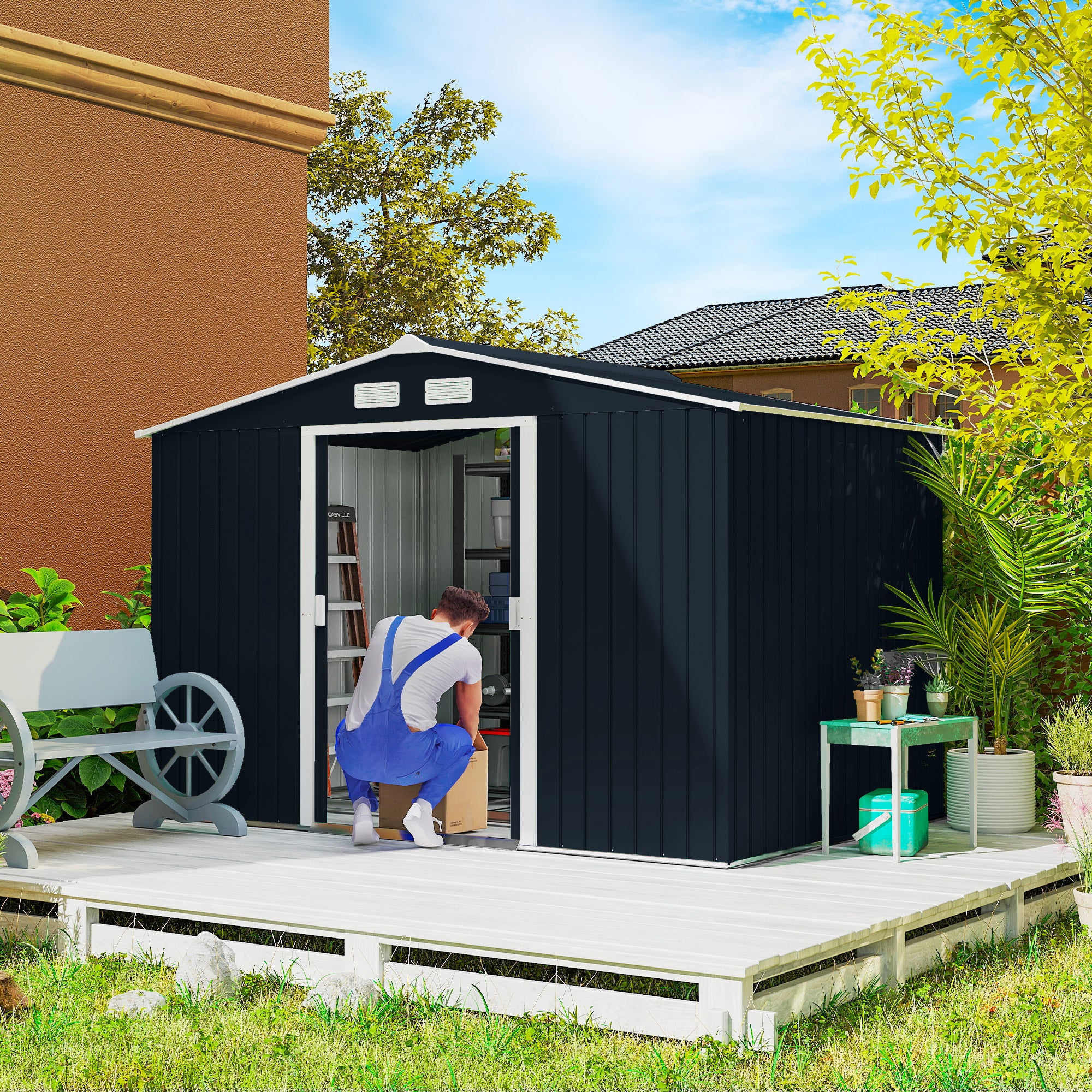 Metal Garden Storage Shed with Foundation Kit - 9'x6' Dark Grey-Patio & Garden > Lawn & Garden > Sheds-DECOROLALA