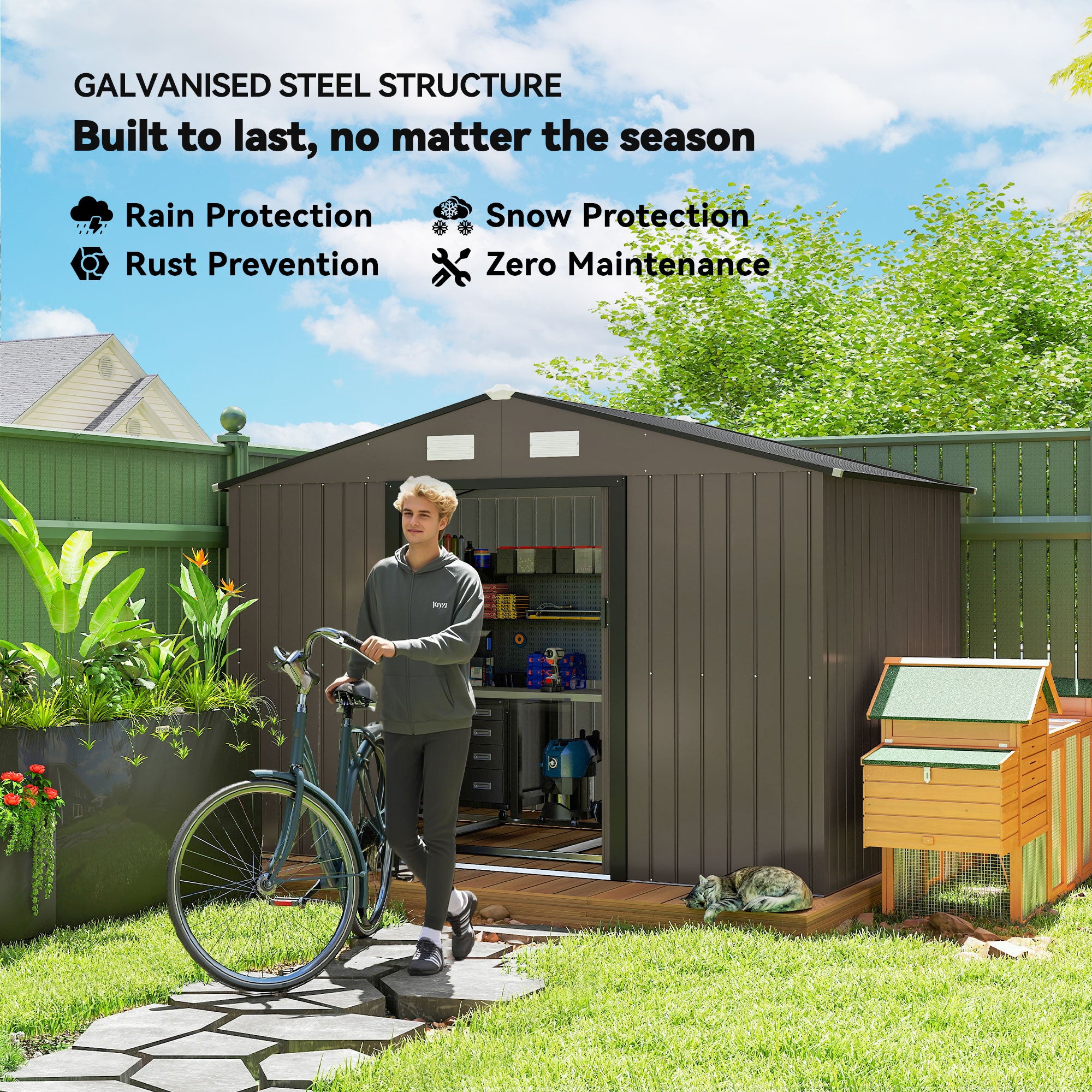 Metal Garden Storage Shed with Foundation Kit - Brown 9'x6'-Patio & Garden > Lawn & Garden > Sheds-DECOROLALA