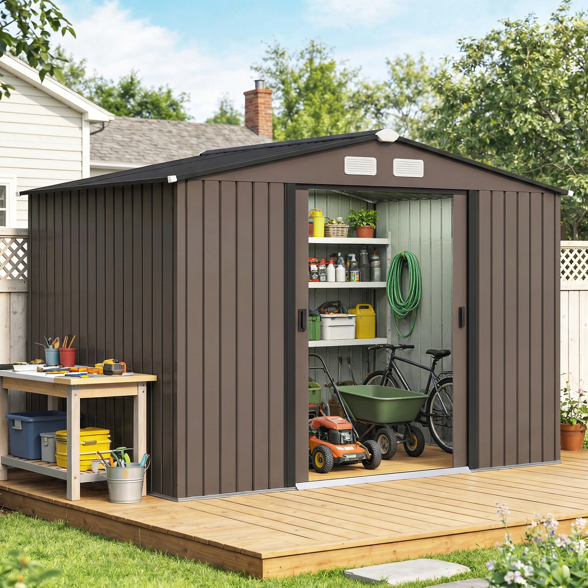 Metal Garden Storage Shed with Foundation Kit - Brown 9'x6'-Patio & Garden > Lawn & Garden > Sheds-DECOROLALA