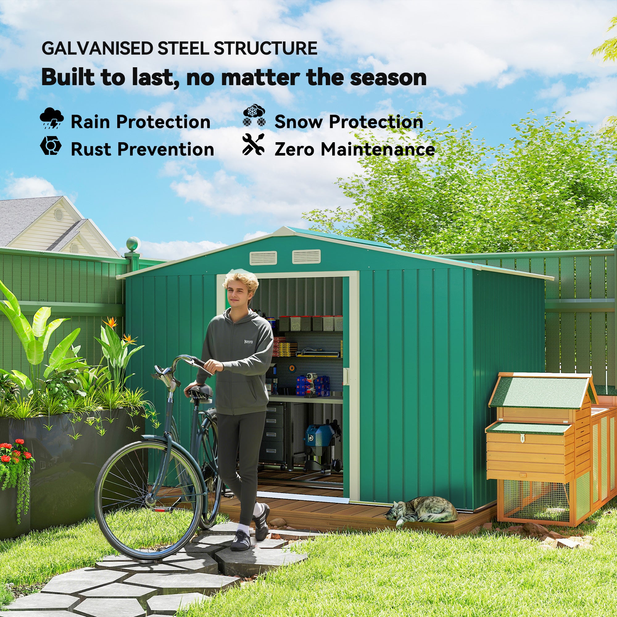 Metal Garden Storage Shed with Foundation Kit - Green 9' x 6'-Patio & Garden > Lawn & Garden > Sheds-DECOROLALA