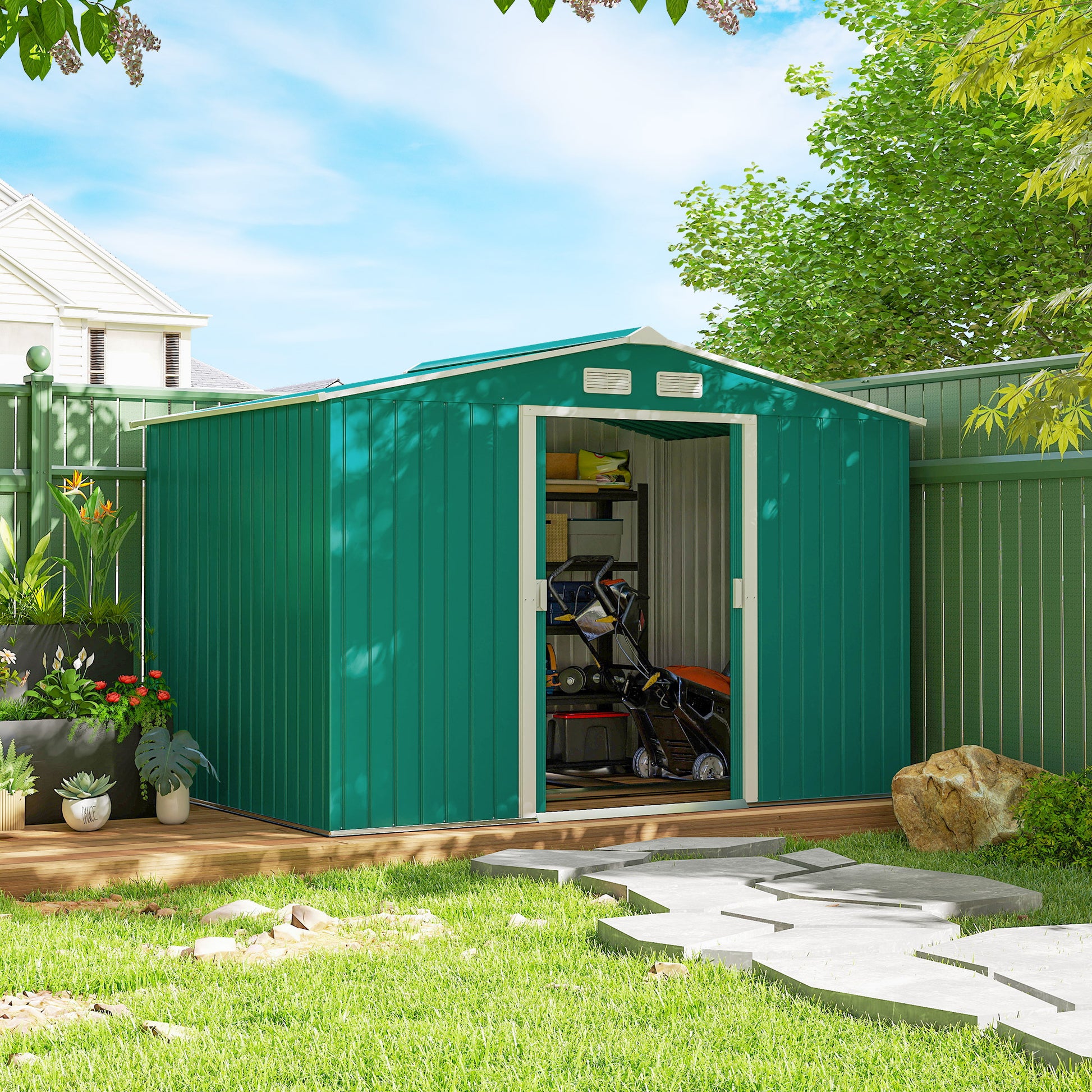 Metal Garden Storage Shed with Foundation Kit - Green 9' x 6'-Patio & Garden > Lawn & Garden > Sheds-DECOROLALA