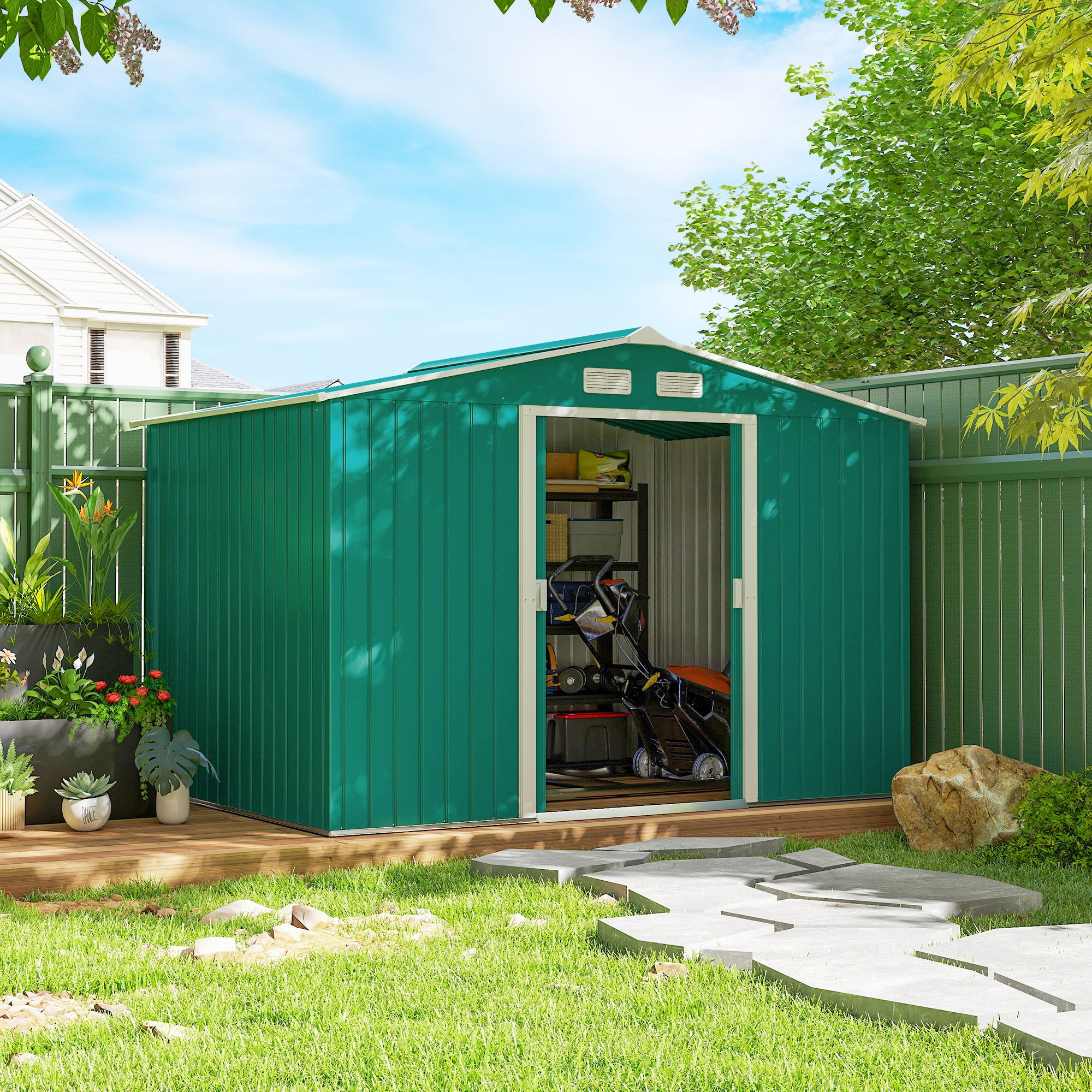 Metal Garden Storage Shed with Foundation Kit - Green 9' x 6'-Patio & Garden > Lawn & Garden > Sheds-DECOROLALA