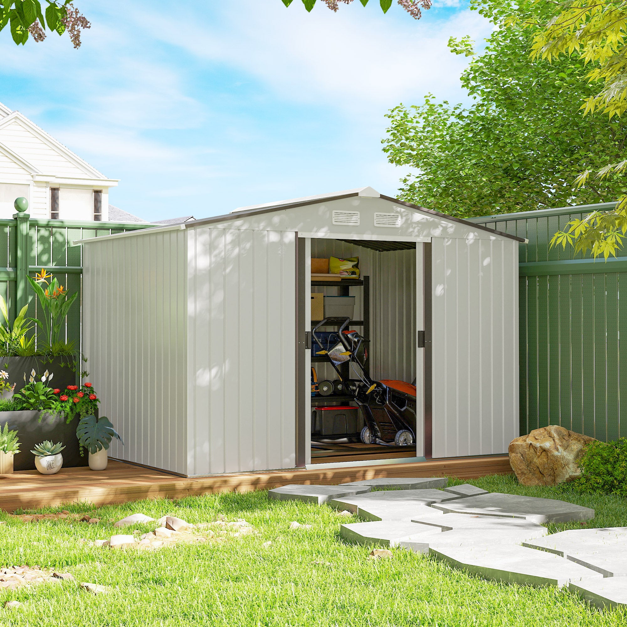 Metal Garden Storage Shed with Foundation Kit - Silver-Patio & Garden > Lawn & Garden > Sheds-DECOROLALA