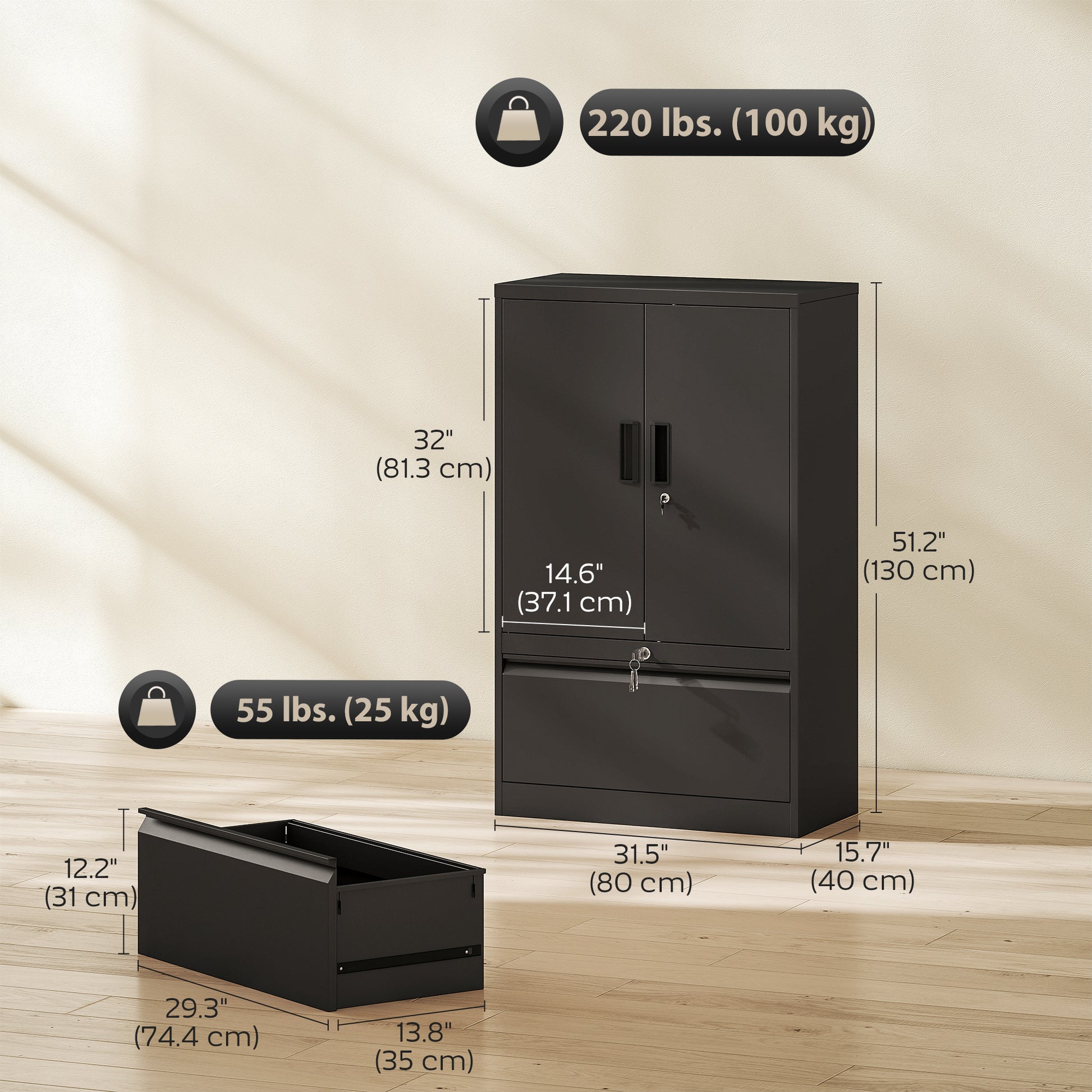 Metal Lateral Filing Cabinet - Black Steel Storage Cabinet-DECOROLALA